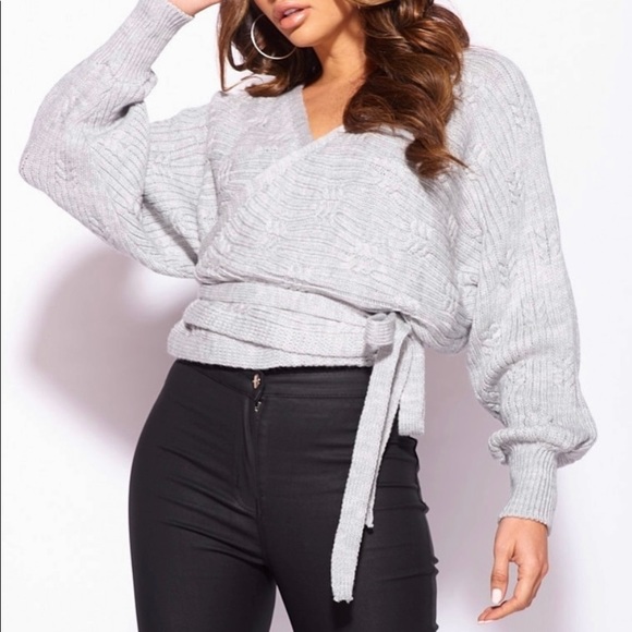 Grey Cable Knit Wrap Sweater - Picture 8 of 12